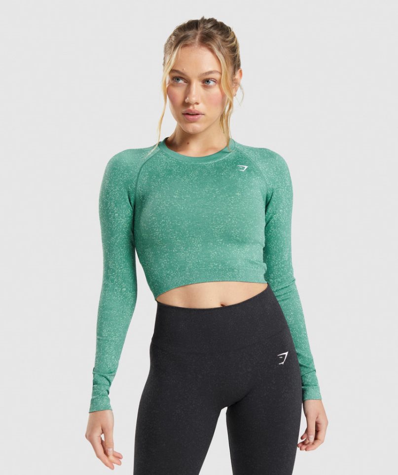 Women\'s Gymshark Adapt Fleck Seamless Long Sleeve Cropped Tops Green | NZ 5EQVPA